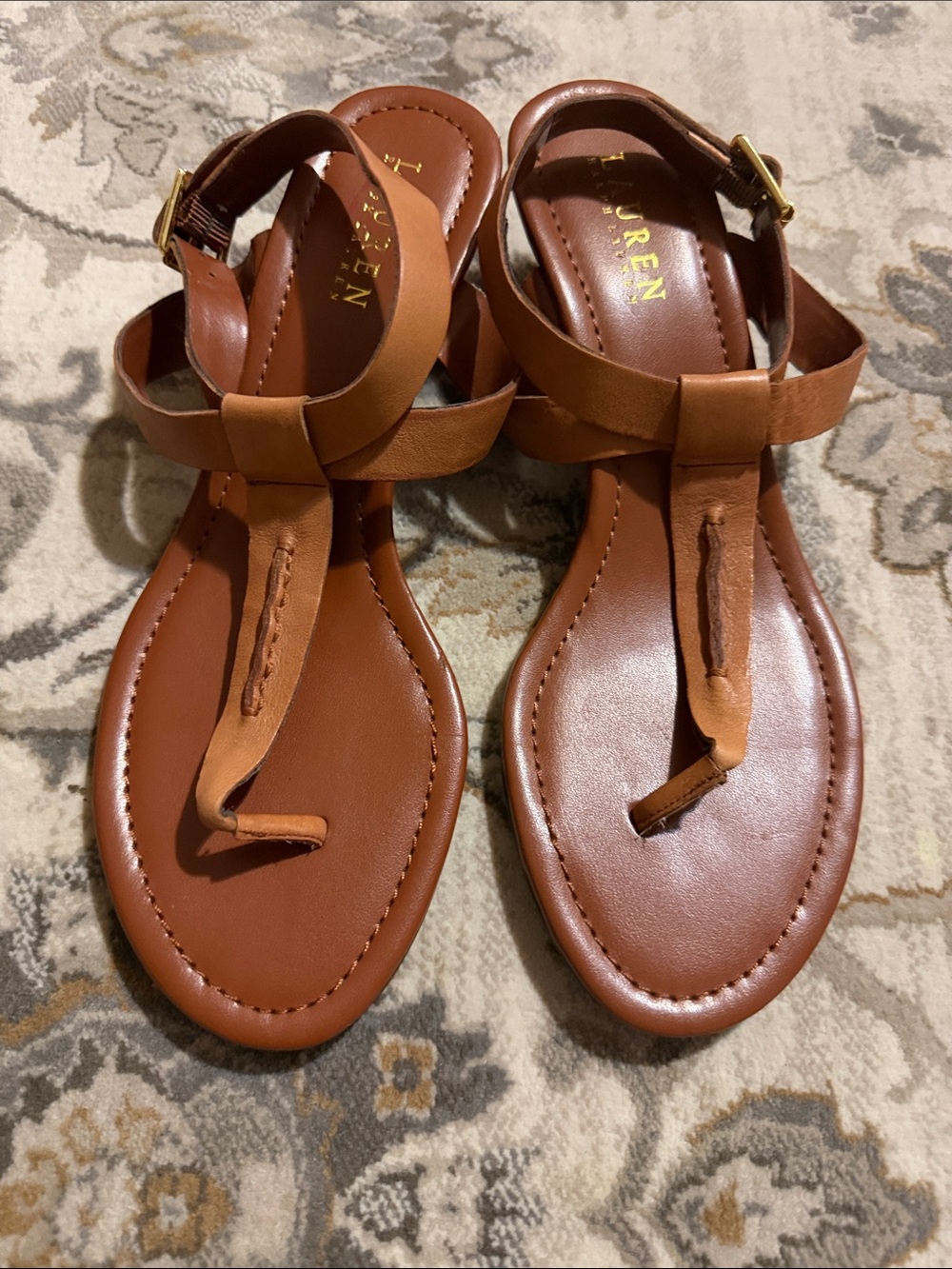 Lauren Ralph Lauren Cognac Leather T-Strap Sandals